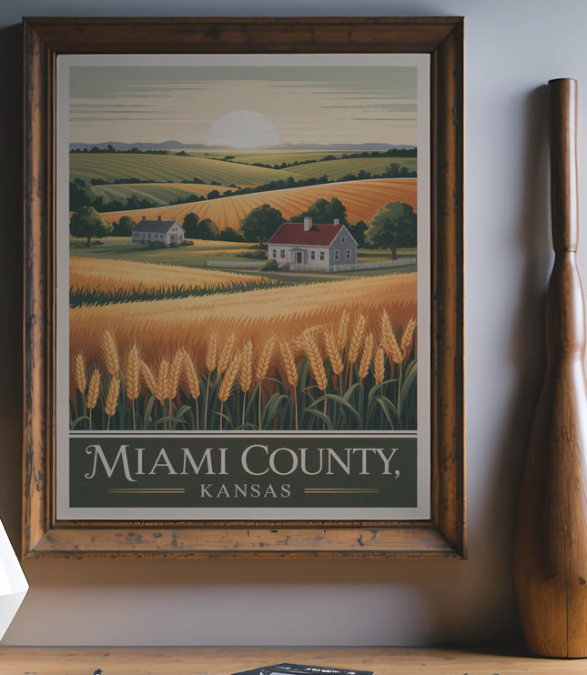 Vintage poster of Miami County, Kansas landscape with wheat fields and sun.
