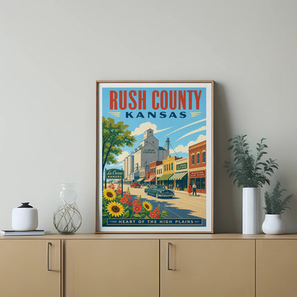Retro travel poster for Rush County, Kansas, featuring a main street scene and farms.