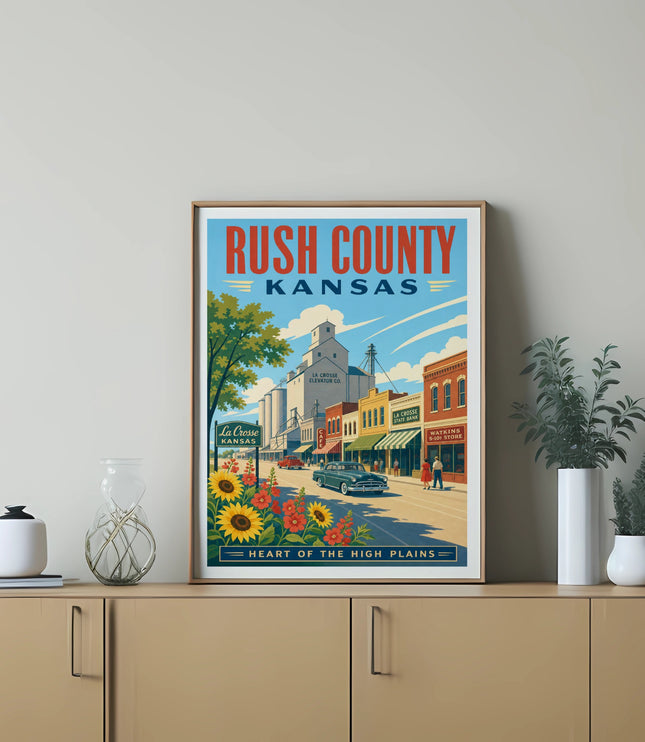 Retro travel poster for Rush County, Kansas, featuring a main street scene and farms.
