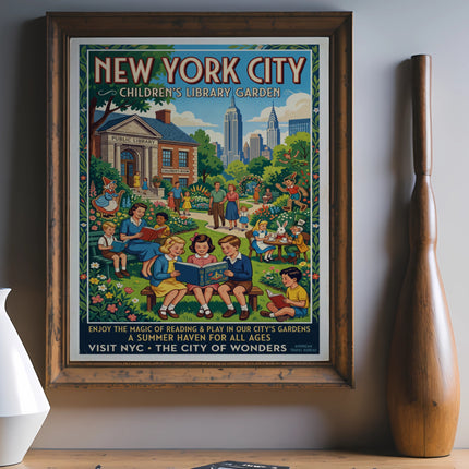 New York City Children's Library Garden vintage poster.