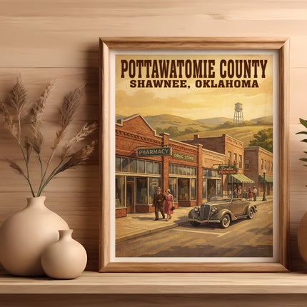 Pottawatomie County Shawnee Oklahoma vintage travel poster with town scene.