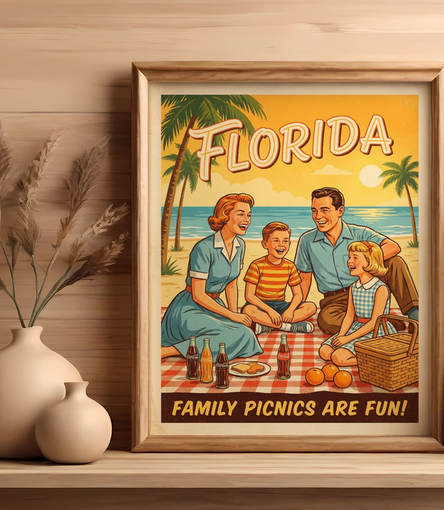 Vintage Florida family picnic art with text "FLORIDA" and "FAMILY PICNICS ARE FUN!".