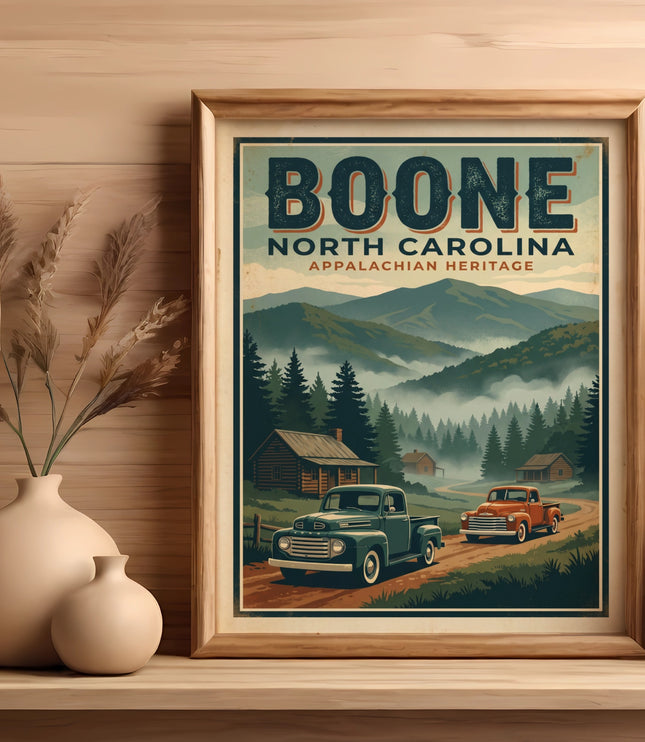 Vintage poster of Boone, North Carolina, with trucks, cabins, and mountains.