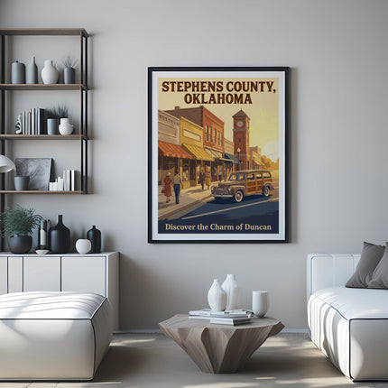 Poster for Stephens County, Oklahoma featuring a vintage car and clock tower.