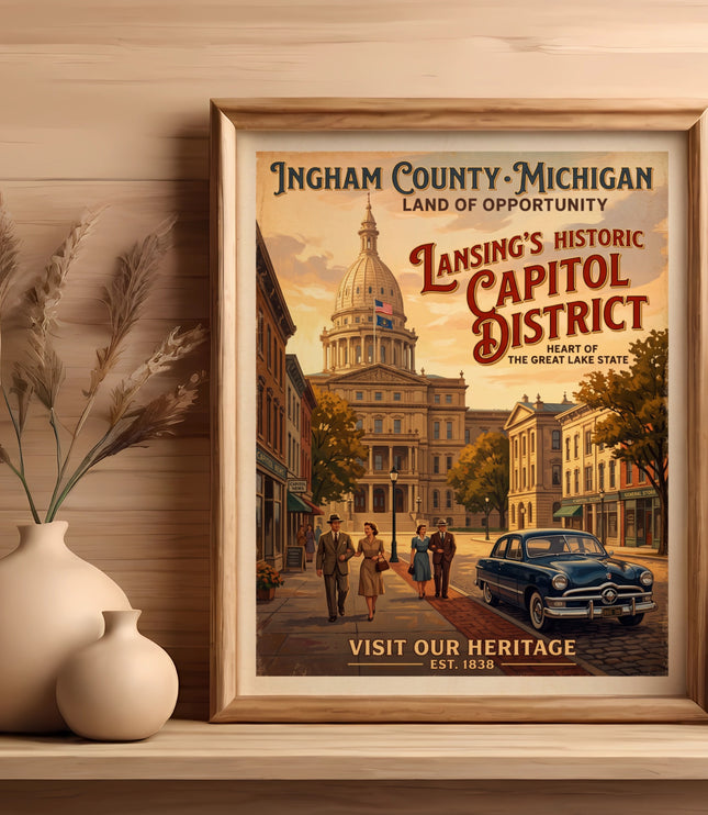 Ingham County, Michigan vintage travel poster featuring Lansing's Capitol District.