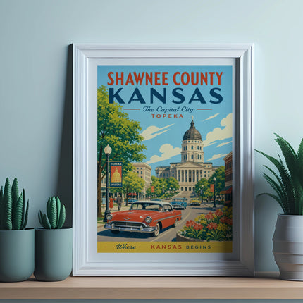 Framed poster of Topeka, Kansas, featuring the state capitol building and vintage cars.