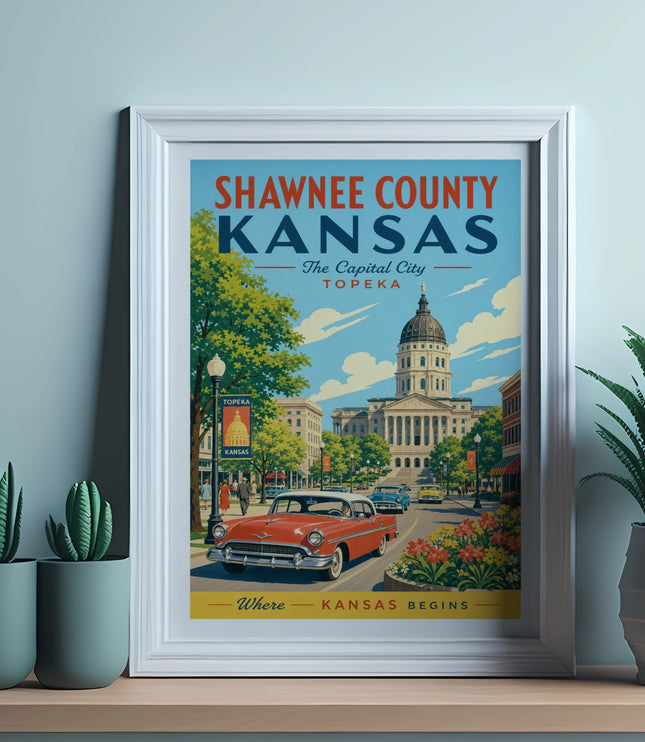 Framed poster of Topeka, Kansas, featuring the state capitol building and vintage cars.