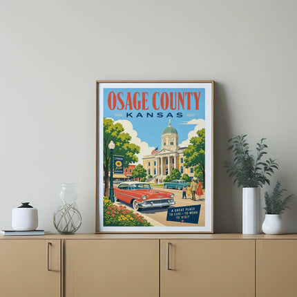 Vintage poster for Osage County, Kansas, featuring a red car and local buildings.
