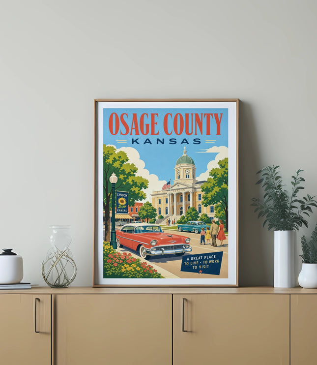 Vintage poster for Osage County, Kansas, featuring a red car and local buildings.