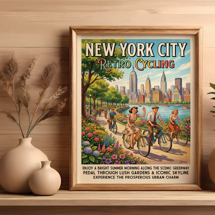 Retro New York City cycling poster with skyline, cyclists, and floral gardens.