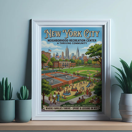 New York City Recreation Center poster with park activities and text.