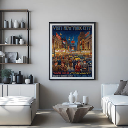 New York City Theater District poster with "Visit New York City" and Broadway show advertisements.
