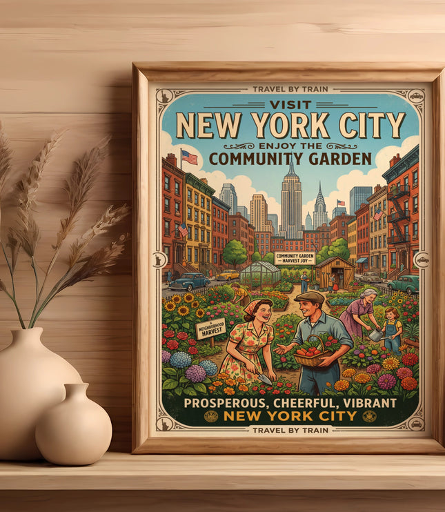 Vintage poster depicting New York City community garden with people and cityscape.