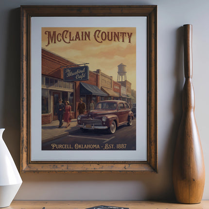 McClain County art print featuring The Bluebird Cafe and a vintage car in Purcell, Oklahoma.