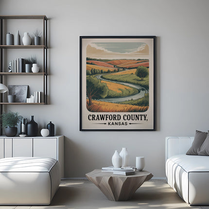 Poster of Crawford County, Kansas landscape with winding road and rolling hills.