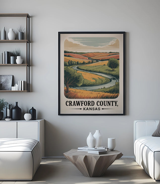 Poster of Crawford County, Kansas landscape with winding road and rolling hills.