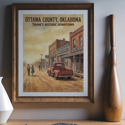 Painting of Ottawa County, Oklahoma, Miami's Historic Downtown, red truck, and people.