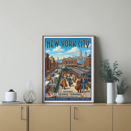 New York City St. George Terminal historic poster with commuter rail and ferry service.