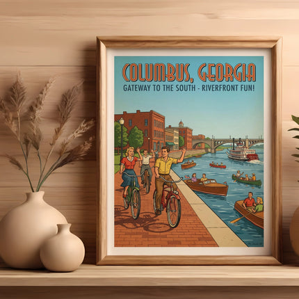 Columbus, Georgia, Riverfront Fun poster with people biking and boating.