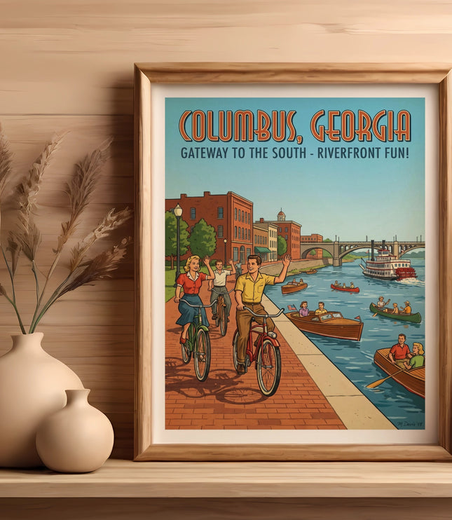 Columbus, Georgia, Riverfront Fun poster with people biking and boating.