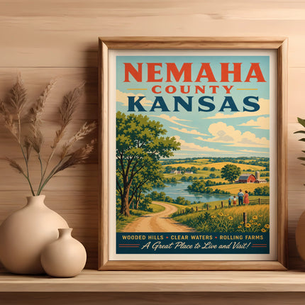 Nemaha County Kansas vintage travel poster with rolling farms and text.