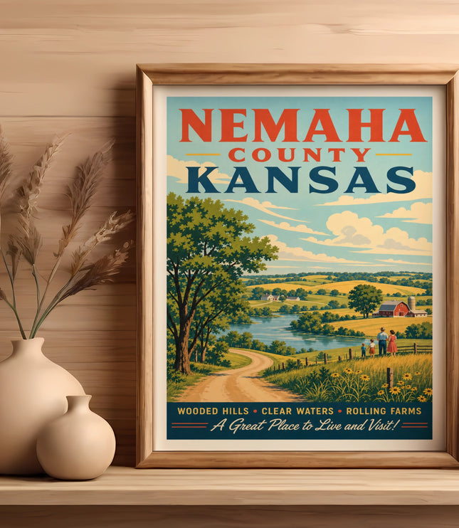 Nemaha County Kansas vintage travel poster with rolling farms and text.