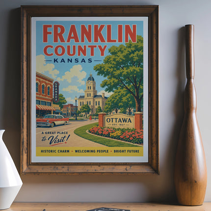 Vintage travel poster for Franklin County, Kansas, featuring Ottawa's courthouse.