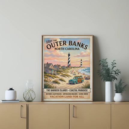 Outer Banks North Carolina travel poster with lighthouses, beach, and vintage cars.