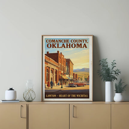 Comanche County, Oklahoma poster featuring a vintage car and brick buildings.