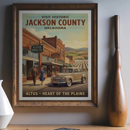 Vintage poster of Jackson County, Oklahoma showing downtown Altus with couple and car.