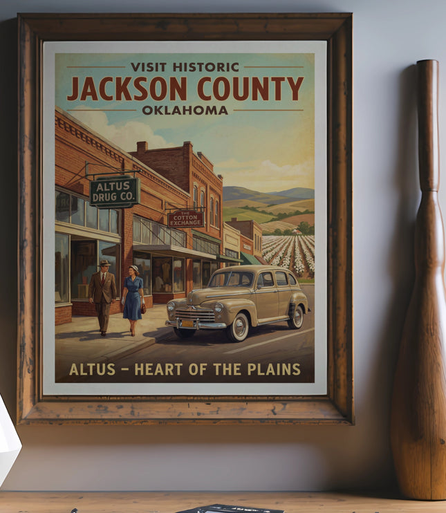 Vintage poster of Jackson County, Oklahoma showing downtown Altus with couple and car.