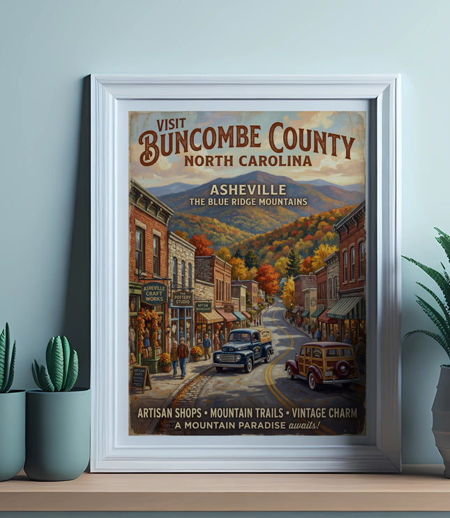 Vintage travel poster for Buncombe County, North Carolina featuring Asheville.