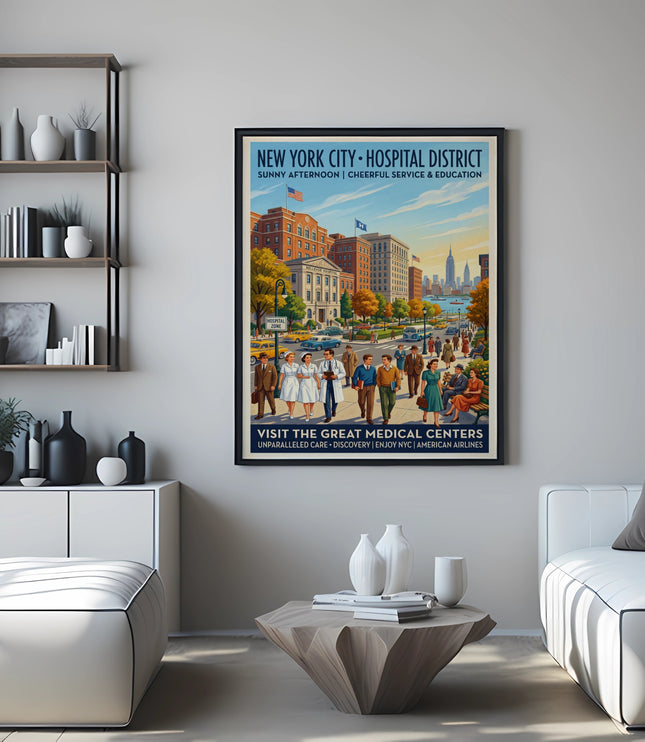 New York City Hospital District poster depicting Bellevue Hospital and city skyline.