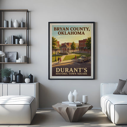 Bryan County, Oklahoma vintage travel poster featuring Durant's Historic Town Square.