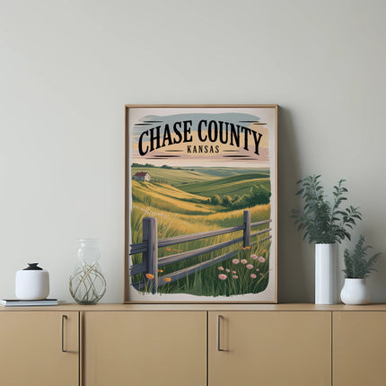 Artwork depicting rolling hills and a fence with "Chase County Kansas" text.