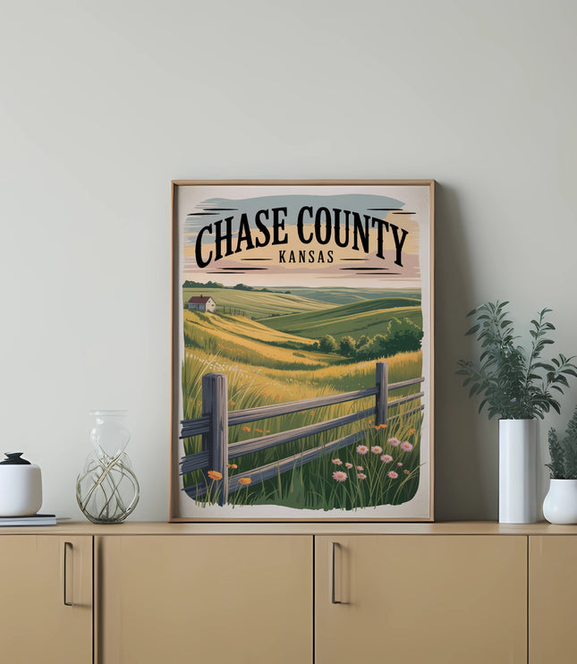 Artwork depicting rolling hills and a fence with "Chase County Kansas" text.