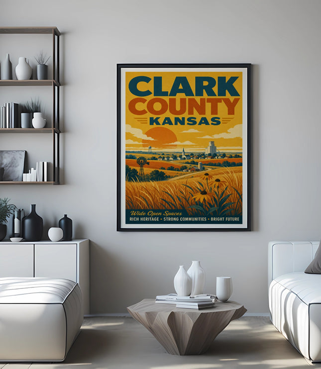 Framed poster of Clark County Kansas landscape with text.
