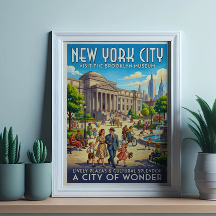 New York City poster for the Brooklyn Museum, with people and architecture.