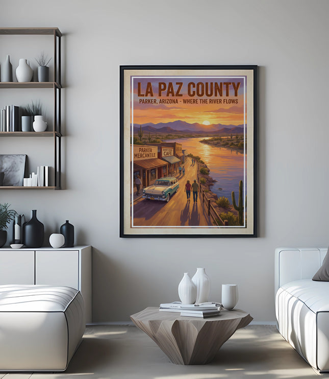 La Paz County Parker, Arizona poster featuring a river, desert landscape, and vintage car.