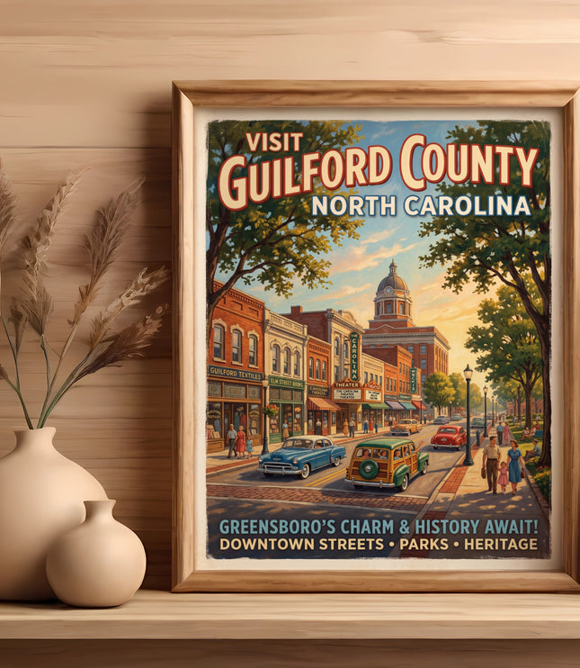 Vintage style poster for Visit Guilford County, North Carolina showing downtown Greensboro.