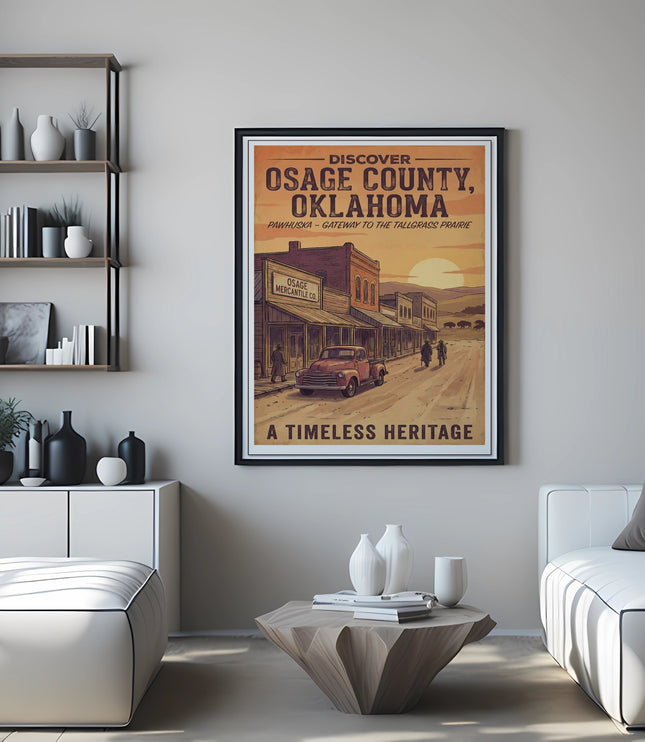 Osage County, Oklahoma poster depicting Pawhuska and the Tallgrass Prairie.