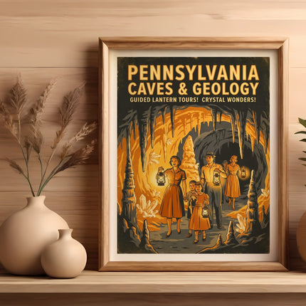 Vintage Pennsylvania Caves & Geology poster with family exploring a cave.