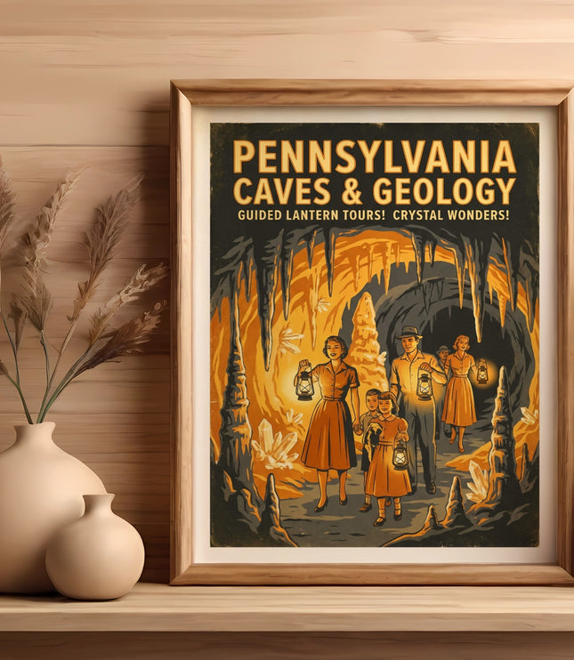 Vintage Pennsylvania Caves & Geology poster with family exploring a cave.