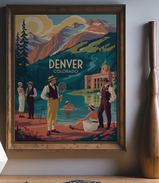 Vintage travel poster of Denver, Colorado with people by a lake.