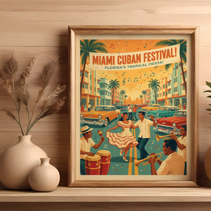 Retro poster of Miami Cuban Festival with people dancing and musicians.