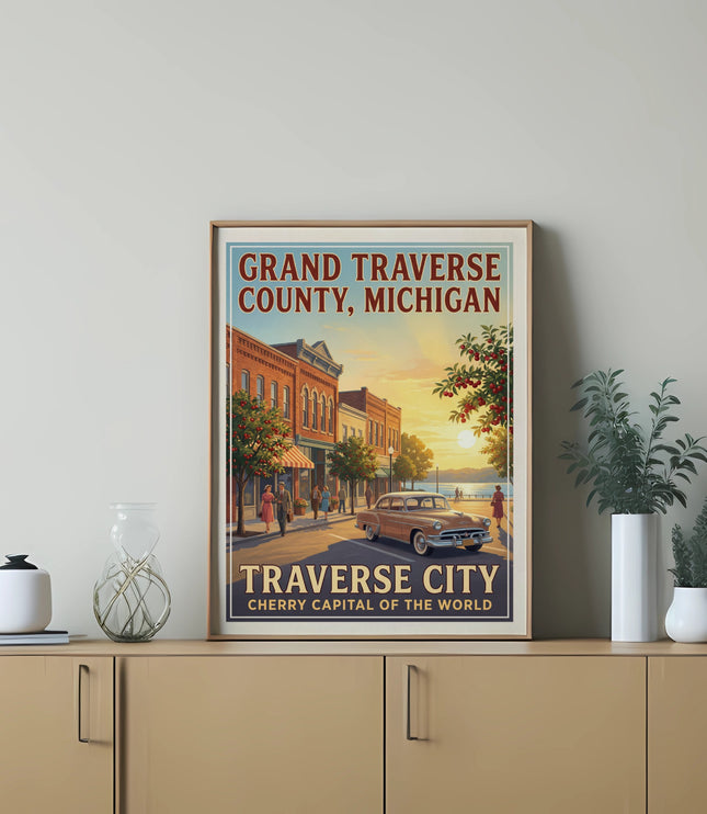 Grand Traverse County, Michigan poster with Traverse City cherry capital text.