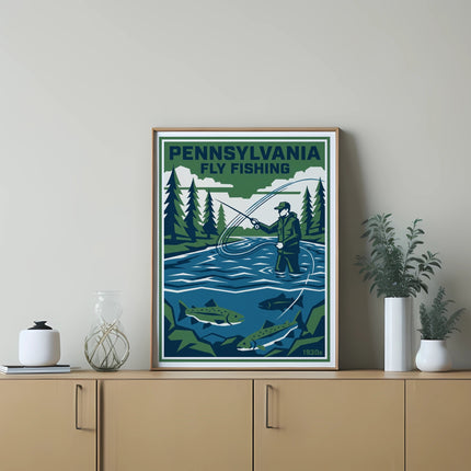 Pennsylvania Fly Fishing poster with fisherman and fish, framed on a shelf.