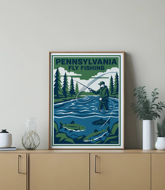 Pennsylvania Fly Fishing poster with fisherman and fish, framed on a shelf.