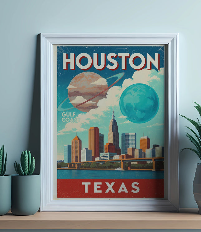 Framed "Houston Gulf Coast Texas" art with cityscape, planets, and potted plants.