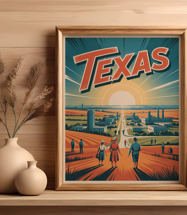Framed Texas travel art with vintage style, featuring a sunrise and cityscape.